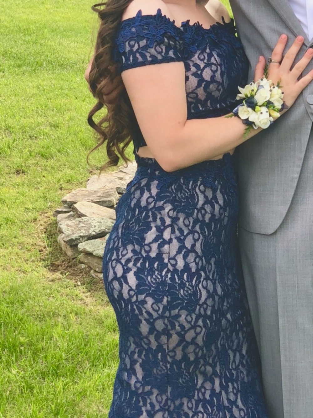 Sequin Hearts Navy Lace Two-Piece Prom Dress